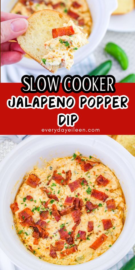 Enjoy an irresistible Slow Cooker Jalapeno Popper Dip. An easy recipe made with just a few simple ingredients. A creamy dip with a hint of spice and topped with bacon pieces to add in the flavors or a true jalapeno popper. A great dip for potlucks, family gatherings, tailgates, and Cinco de Mayo parties Jalapeno Popper Dip Recipe, Convenient Dinner, Cold Dip Recipes, Jalapeno Popper Dip, Crock Pot Dips, Popper Dip, Easy Dip, Bite Size Appetizers, Jalapeno Popper