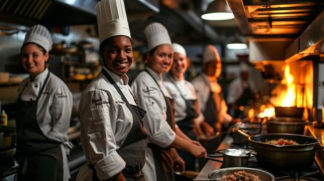 Chefs At Work: Smiling professional chefs in white uniforms stand proudly in a bustling commercial kitchen with flames visible. #chef #kitchen #cooking #flame #professional #aiart #aiphoto #stockcake ⬇️ Download and 📝 Prompt 👉 https://ayr.app/l/31qJ Chef Pictures, Chef School, Gatsby Gala, Crazy Kitchen, Cooking Photos, Cooking Photography, Chef Work, Female Chef, Messy Kitchen