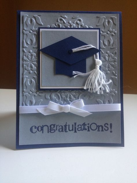 2014 Graduation sample; Phrases for a Friend; Textured Impressions- Vintage Wallpaper (night of navy base, 3-5/8" square; bordering blue 3-3/4" square, 4-5-1/4", 2-1/4" square all spritzed with sparkle; whisper white 2-3/8" square)- stampin up card Graduation Cards Stampin Up Handmade, Masculine Graduation Cards, Graduation Cards Homemade, Graduation Cards Diy, Graduation Card Ideas, Graduation Card Sayings, Diy Graduation Cards, Invitations Graduation, Graduation Card Boxes