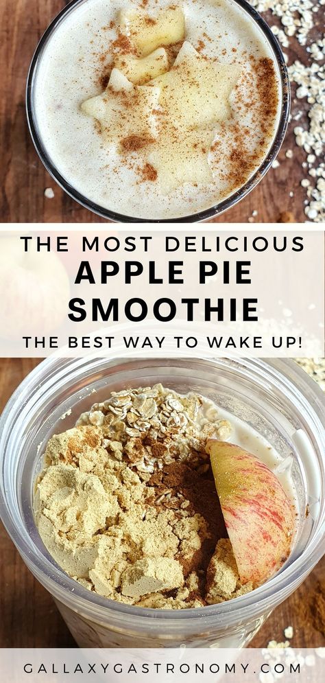 Apple Pie Smoothie, loaded with fruit, protein, oats, and cinnamon. It really tastes like apple pie in a glass! This healthy smoothie recipe is perfect for a filling breakfast or snack anytime you fancy a guilt-free apple pie - kids love it too. It’s low carb, gluten-free & vegan! #applepie #smoothie Smoothie Recipes Oats, Oat Meal Smoothie Recipes, Apple Pie Protein Smoothie, Apple Shake Recipe Healthy, Apple Oats Smoothie, Apple Crisp Smoothie, Apple Pie Smoothie Healthy, Apple Pie Protein Shake, Vegan Protein Smoothie Recipes