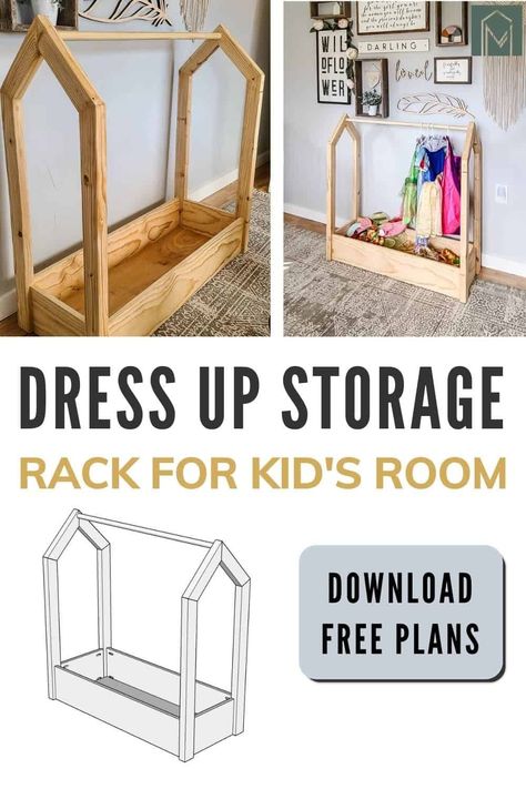 Wooden Dress Up Rack, Daycare Dress Up Area, Diy Princess Wardrobe, Hanging Dress Up Clothes On Wall, Dress Up Clothing Rack, Diy Toy Room Storage, Playroom Dress Up Storage, Diy Dress Up Clothes Storage, Dress Up Organization Ideas