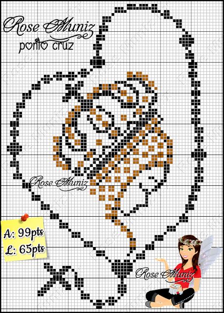 Rose Muniz Ponto Cruz Rosary Cross Stitch Pattern, Christian Cross Stitch, Crochet Angels, Catholic Crafts, Cross Stitch Angels, Graph Paper Art, 2nd Year, Pola Kristik, Cross Stitch Bookmarks