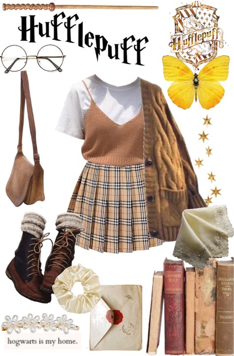 Huffle Puff Outfits, Hufflepuff Academia Outfit, Hufflepuff Outfit Summer, Harry Potter Inspired Outfits Hufflepuff, Harry Potter Themed Outfits, Harry Potter School Uniform, Hufflepuff Inspired Outfits, Hufflepuff Aesthetic Outfits, Hufflepuff Lookbook