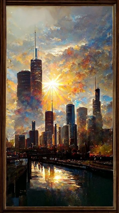 Chicago Sunset, Chicago Painting, New York Painting, Skyline Painting, Landscape Sketch, Abstract City, City Painting, Architecture Drawing Art, Cityscape Art