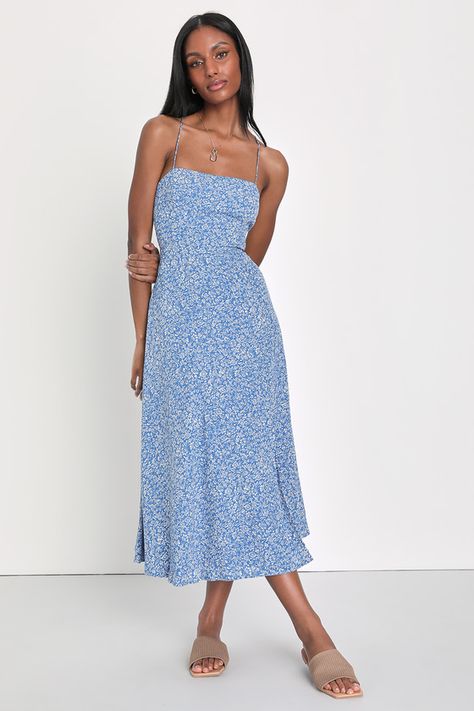 Blue Floral Print Dress - Blue Lace-Up Midi Dress - Floral Dress - Lulus Shoes To Wear With Dresses, Spaghetti Strap Summer Dress, Blue Sundress, Blue Floral Print Dress, Blue Summer Dresses, Maxi Sundress, Lulu Fashion, Floral Blue Dress, Outfits Verano