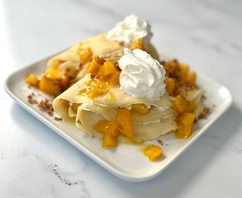 Mango Crepes With Sweet Cream Cheese Filling Recipe Cream Cheese Filling Recipe, Mango Crepe, Sweet Cream Cheese Filling, Mango Graham, Mango Curd, Stuffed Crepes, Crepe Ingredients, Crepes Filling, Mango Cream