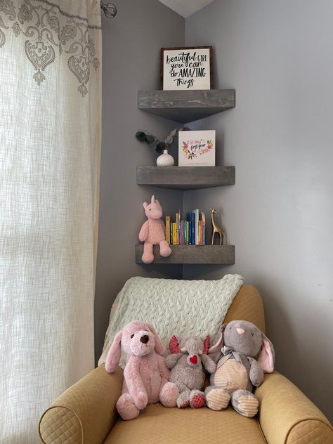 Corner Shelving Ideas, Floating Shelves Corner, Shelves Nursery, Corner Floating Shelves, Baby Room Shelves, Train Nursery, Shelves Corner, Nursery Shelf, Ikea Nursery