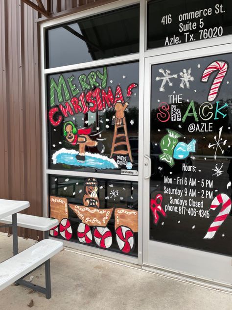 Gingerbread person on ladder painting merry Christmas. Gingerbread person ice skating with ear muffs and scarf on. Gingerbread person sitting in train with hot chocolate wearing a hat. Gingerbread train with peppermint wheels. Snowflakes, bows, candies, and candy canes. Christmas Window Painting, Gingerbread People, Christmas Event, Window Ideas, Christmas Things, Christmas Window, Window Art, Window Painting, Peppermint