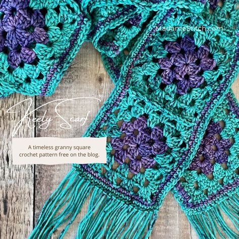 The perfect crochet granny square scarf pattern for beginners | MadameStitch Granny Sqare Scarf, Granny Square Scarves, Granny Square Scarf Crochet Pattern, Granny Square Scarf Crochet, Crochet Granny Square Scarf Pattern Free, Granny Square Crochet Scarf, Granny Square Scarf Pattern Free, Granny Stitch Scarf, Granny Square Scarf Pattern