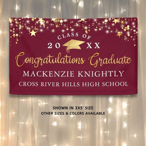 Stylish Maroon Burgundy Gold Script Congrats Grad Banner Create a modern custom color, personalized graduation banner sign featuring the title CONGRATULATIONS GRADUATE Graduation Message, Memory Collage, Grad Banner, Graduation Congratulations, Maroon Background, Graduation Poster, Graduation Banner, Script Typography, Graduation Theme