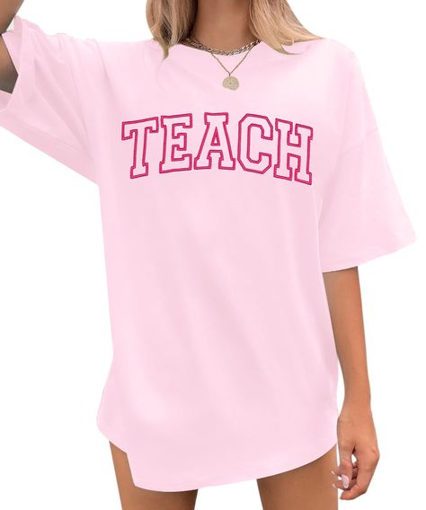 PRICES MAY VARY. Teach Shirt Oversized for Women Teacher Letter Printed T-Shirt Casual Embroidery Teacher Life Short Sleeve Tee Tops Material: Teacher Shirts for women is made of cotton blend. It is soft to the touch and not easy to fade, shrink, or deform. Breathable, lightweight, stretchy and skin-friendly materials. Occasion: Teacher t-shirt is very suitable for concert lovers and daily wear, such as, last day of school, office, field day, vacation, leisure, and home. The cute letter print sh Teacher Shirts Designs, Embroidery Teacher, Teacher Letter, Teach Shirt, Casual Embroidery, Fashion Cardigan, Cousin Birthday, Trendy Leggings, Teacher Clothes