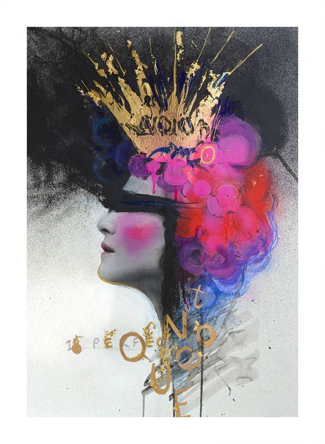 Queen, portrait, abstract, painting, drawing, analog collage, gold, crown, flowers, pink, black, contemporary art, ink, natalia berglund Painting Abstract Portrait, Crown Painting, Portrait Watercolour, Queen Drawing, Crown Drawing, Portrait Abstract, Crown Art, Abstract Inspiration, Painting Portrait