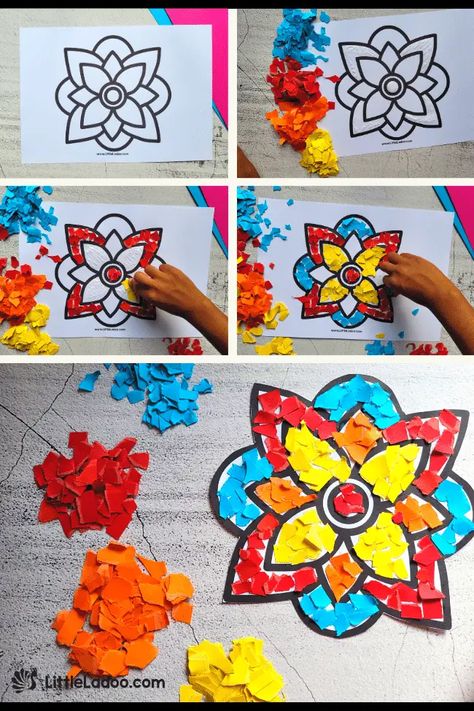 Torn Paper Rangoli Craft {Free Template} Rangoli For Kids Diwali Craft, Multicultural Art Preschool, Diwali For Preschoolers, Crafts From India For Kids, Latino Heritage Month Activities, Culture Art Projects For Kids, Art Exploration For Preschoolers, Rangoli Art For Kids Diwali Craft, Divali Ideas Crafts Preschool