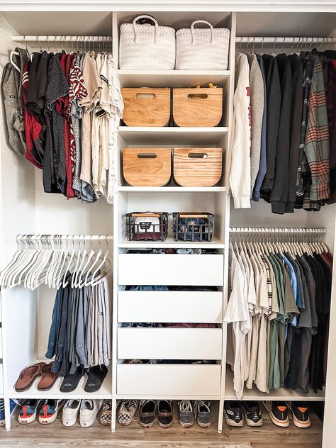 We replaced this outdated basic closet system with Ikea's Aurdal system in a configuration that worked best for the dimensions and what needed to be stored. Drawers, shelves and hanging rods are all adjustable and this is a closet that can grow with this teen. Let us help you find the perfect system to fit your needs and budget! Closet Organizer Systems, Closet System Reach In, Ike’s Closet System, Small Closet Ideas For Couples, Double Closet Design Layout, Shoes In Closet Ideas, Shared Reach In Closet, Remodeled Closet Ideas, Dual Closet Ideas