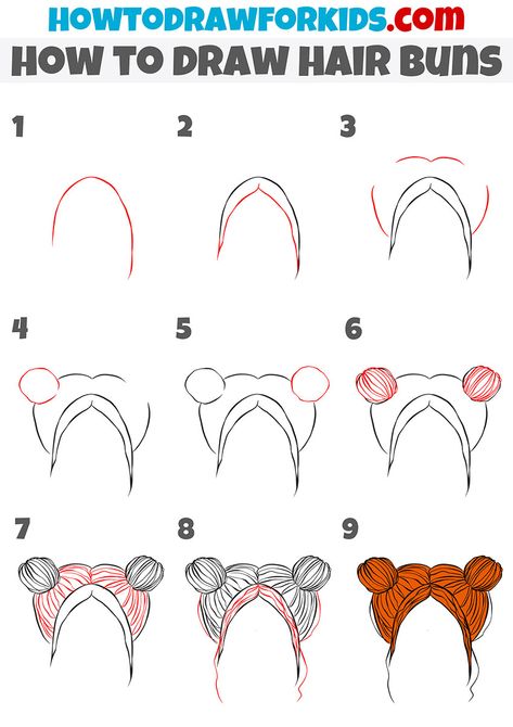 how to draw hair buns step by step Drawing Tutorial Hair Step By Step, Drawing Ideas Easy Hair Step By Step, Step By Step Hairstyles Drawings, Space Bun Drawing Tutorial, How To Make Hair Drawing Step By Step, Sketching Hair Step By Step, Anime Hair Drawing Step By Step, Cute Easy Hairstyles Drawings, Hair Buns Drawing Reference