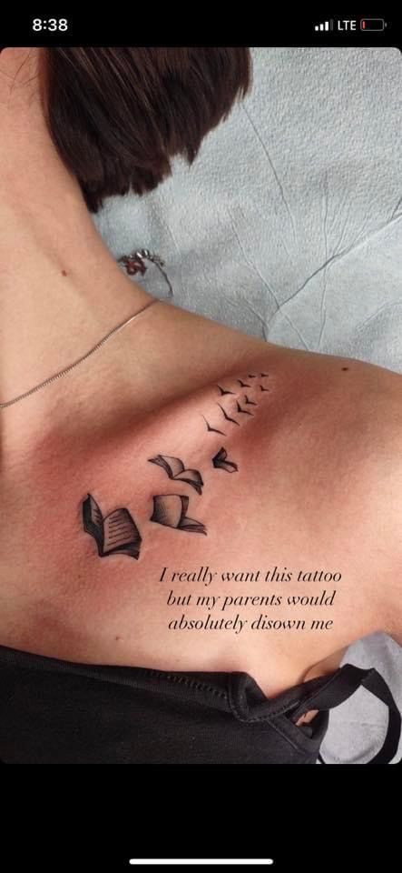 Book Tattoo Collar Bone, Book And Birds Tattoo, Book Into Birds Tattoo, Book To Bird Tattoo, Book Worms Tattoo, Bird Book Tattoo, Book Lover Quotes Tattoo, Reading Related Tattoos, Books To Birds Tattoo