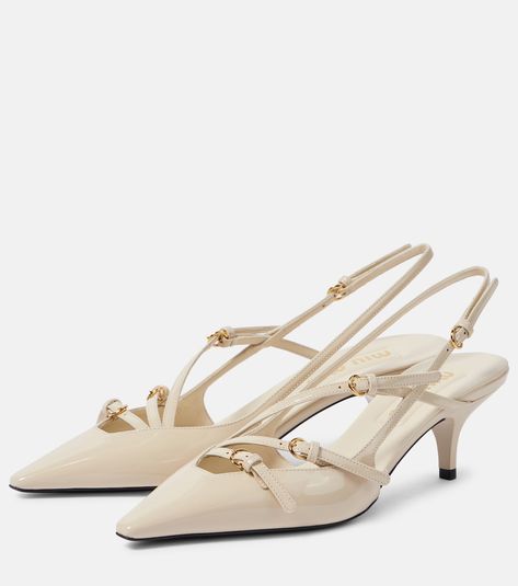 Patent leather slingback pumps in white - Miu Miu | Mytheresa Miu Miu Heels, Mid Heels Pumps, Miu Miu Shoes, Strap Pumps, Iconic Bags, Flat Boots, Dream Shoes, Slingback Pump, Ballet Flat Shoes