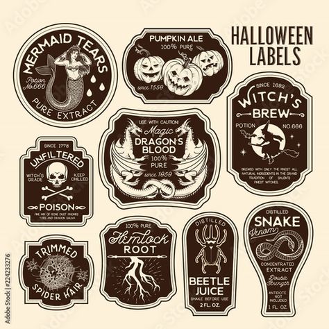 Harry Potter Potion Labels, Halloween Bottle Labels, Herbst Bucket List, Halloween Potion Bottles, Halloween Apothecary, Harry Potter Potions, Apothecary Labels, Potion Labels, Casa Halloween