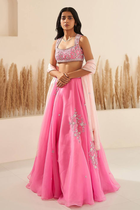 Zoon's Hot Pink Blouse And Lehenga Metallic Organza Floral Embroidery Cutdana Set Celebrity Lehenga Designs, Sangeet Outfits For Bridesmaid, Light Pink Lehenga, Desi Party, Lehenga For Wedding, Cancan Lehenga, Sheer Dupatta, Organza Embroidery, Bridal Lehenga Collection