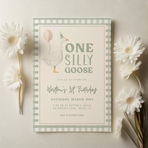 One Silly Goose Birthday Invitation Template | Editable Boy 1st Birthday Green Printable Invite | Goose First Birthday S712 One Silly Goose Birthday Party Boy, One Silly Goose Birthday, Goose First Birthday, Goose Birthday, Invitation Unique, First Birthday Themes, Silly Goose, Birthday Invitation Template, Whimsical Design