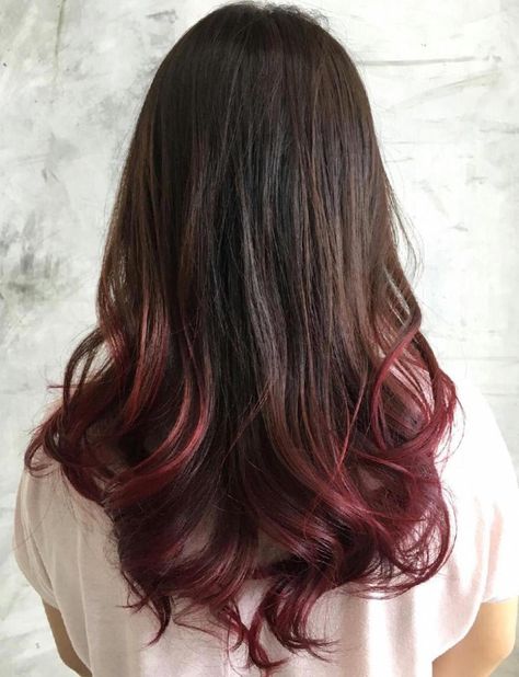 Dark Brown Hair With Burgundy Dip Dye                                                                                                                                                                                 More Dark Brown Hair With Burgundy, Brown Hair With Burgundy, Sandy Brown Hair, Burgundy Brown Hair, Natural Dark Hair, Black Hair Ombre, Dipped Hair, Red Ombre Hair, Golden Brown Hair