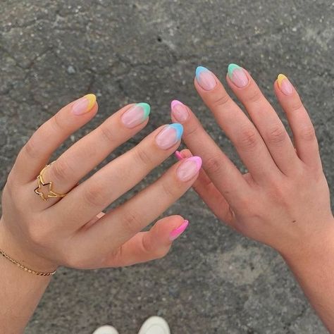 French Tip Nails With Color Line, Pastel Colored French Tip Nails, Almond Shape Beach Nails, Colorful Tip Nails, Different Color French Tips, Multi Colored French Tip Nails, Cute Spring Break Nails, Two Color French Tip Nails, Colorful French Tips