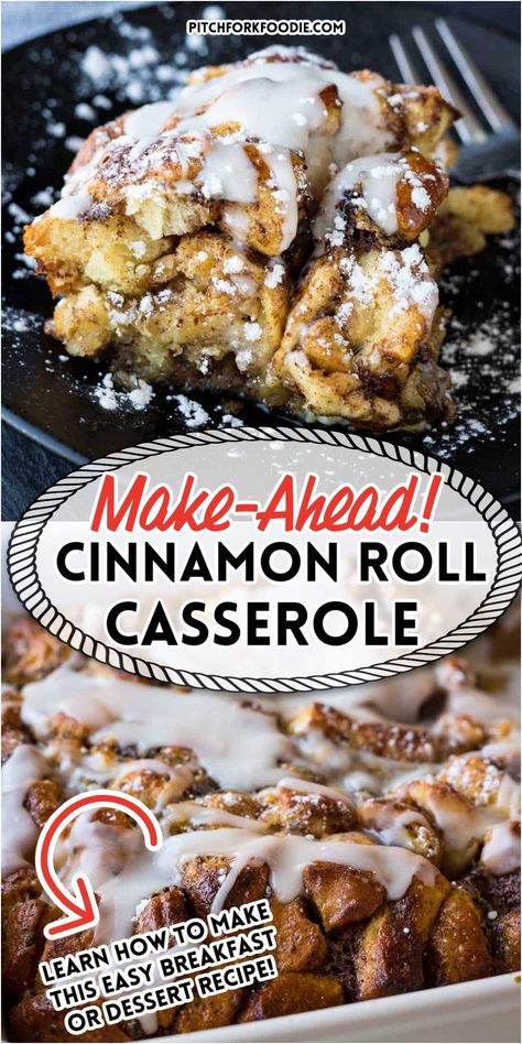 Make-ahead cinnamon roll casserole is the most delicious dessert or breakfast you will ever try! This casserole is made of perfectly cooked cinnamon rolls that are covered in a sweet glaze for an easy breakfast or dessert. This cinnamon roll casserole can also be made ahead for a delicious, money-saver, and time-saver dish that everyone will love. Filled with all your favorite cinnamon roll flavors, this casserole is just what you need to start your day. Try it today! Easter Morning Breakfast, Cinnamon Roll French Toast Casserole, Toast Recipe Breakfast, Cinnamon Roll French, Cinnamon Roll French Toast, Cinnamon Roll Casserole, Cinnamon Roll Bake, Cinnamon French Toast, Easter Morning