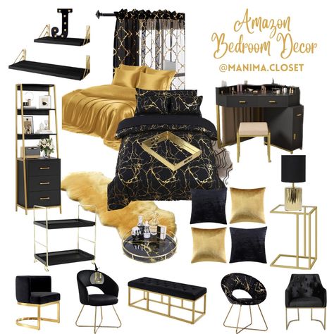 Black and gold amazon bedroom decor ideas inspiration. Inspiration for bedroom ideas. Black and gold bedroom. Gold Black Bedroom Ideas, Black N Gold Bedroom Ideas, Glam Black Bedroom Decor, Master Bedrooms Decor Black And Gold, Black White Gold Bedroom Decor, Black Grey And Gold Bedroom Ideas, Black And Gold Dressing Room, Black And Gold Decor Bedroom, Black Marble Bedroom Ideas