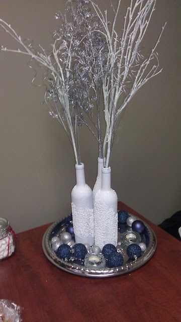 Fire And Ice Decorations, Spray Paint Wine Bottles, Wedding Centerpieces Winter, Diy Wine Bottles, Paint Wine Bottles, Ice Decorations, Spray Painted Wine Bottles, Ice Table, Work Holiday Party