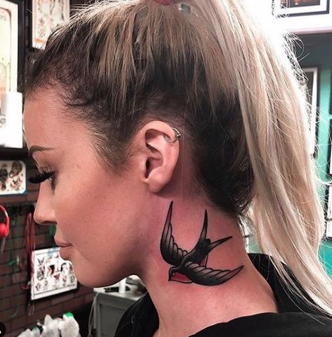 Swallow Neck Tattoo, Traditional Neck Tattoo, Bombshell Tattoo, Swallow Tattoo Design, Sparrow Tattoo, Throat Tattoo, Swallow Tattoo, Quirky Art, Edmonton Alberta