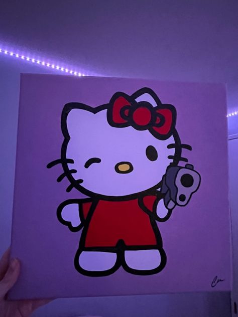 Brats Doll Painting, Easy Paintings Hello Kitty, Cute Kawaii Paintings On Canvas, Painting Y2k Ideas, Hello Kity Paintings, Hello Kitty Easy Painting, Hello Kitty Aesthetic Painting, Hello Kitty Art Ideas, Painting Ideas On Canvas Bratz