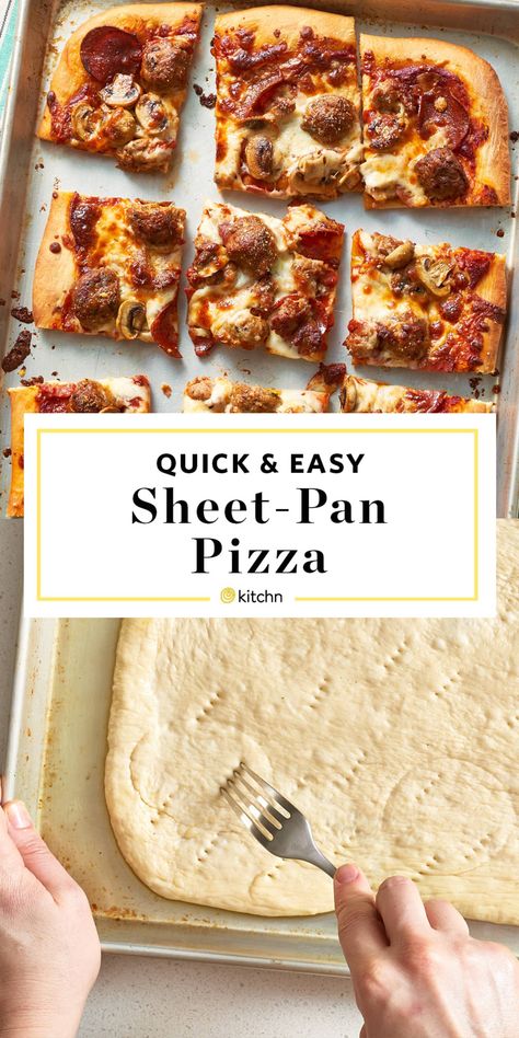 Meat-Lover's Sheet Pan Pizza | Kitchn Sheet Pan Pizza Dough, Pan Pizza Dough Recipe, Pan Pizza Dough, Sheet Pan Pizza, Meat Lovers Pizza, Leftover Pizza, Sheet Pan Suppers, Pizza Dough Recipe, Business Email