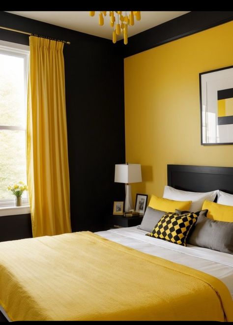 Black Yellow Bedroom Room Ideas, Yellow Black And White Bedroom Ideas, Yellow Black White Bedroom, Black And Yellow House Interior Design, Black Yellow And White Bedroom, Yellow Curtains Bedroom Decorating Ideas, Bedroom Color Schemes Yellow, Yellow And Black Decor, Black White And Yellow Bedroom