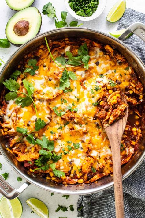 Chicken Enchilada Skillet - Fit Foodie Finds Enchilada Bowl Recipe, Southwest Chicken Skillet Dinner, Easy Healthy Rotisserie Chicken Recipes, Enchilada Sauce Meals, Chicken Enchilada Bowl Healthy, Recipes With Shredded Rotisserie Chicken, Skillet Enchiladas Chicken, Shredded Chicken Skillet Recipes, Shredded Mexican Chicken Recipes