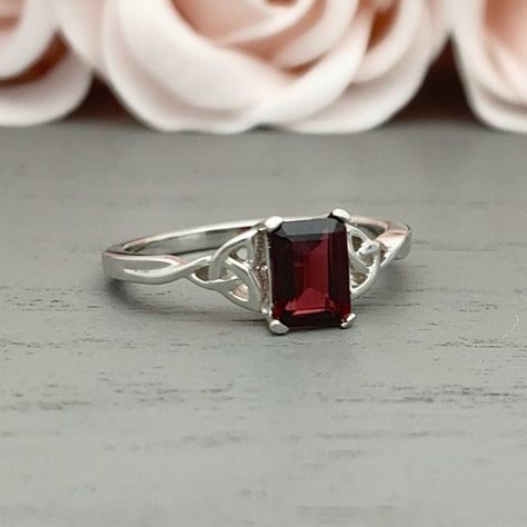 Garnet Wedding Rings Silver, Red Engagement Ring, Tiffany Wedding Rings, Garnet Wedding Rings, Garnet Wedding, Silver Promise Rings, Celtic Ring, Garnet Engagement Ring, Red Stone Ring