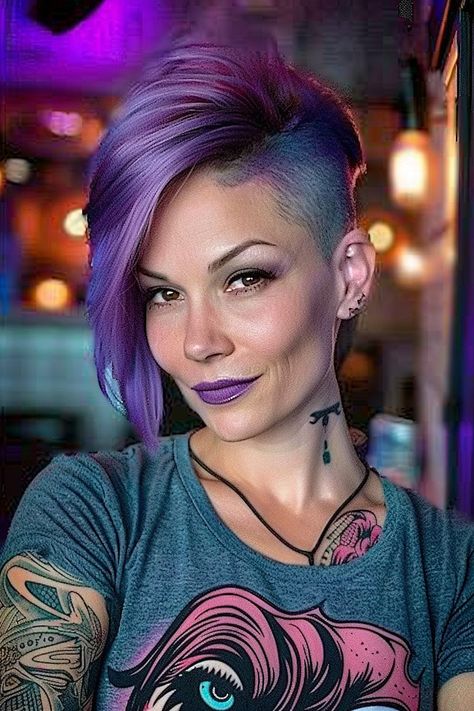 Undercut Color Ideas, Short Purple Hair Pixie, Purple Pixie Hair, Cool Purple Hair, Purple Pixie Cut, Faces Women, Color Block Hair, Asymmetrical Pixie Cuts, Purple Pixie