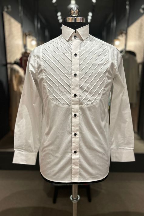 white pintex tuxedo shirt with cutdana work for mens to wear in wedding parties - specially designed by Vestidoz by Renu-Ka-Shivam, Tuxedo shirt, Latest Kurta Designs, Cutdana Work, Tuxedo Shirt Men, Stylish Shirts Men, Gents Kurta Design, Gents Kurta, Fancy Shirt, Mens Dress Shirts, Shirt Designs For Men