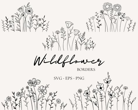 Simple Wildflowers Drawing, Hand Drawn Wildflowers, Wildflower Border Drawing, Wildflower Chalkboard Art, Meadow Drawing Simple, Wildflower Sketch Drawings, Wildflower Drawing Simple, Wildflower Logo, Wildflower Border