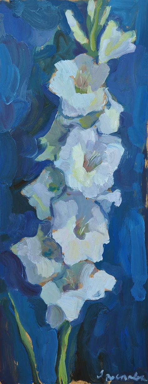 Floral Painting by Yaroslava Tichshenko, Oil on Wood, 9.1 x 22 in - Fine Art Original Artwork For Sale on Saatchi Art. -  #Art #Artwork #Fine #Floral #Oil #Original #Painting #Saatchi #sale #Tichshenko #Wood #Yaroslava Long Oil Painting, Flower Painting Impressionist, Long Drawings Vertical, Paint On Wood Art, Blue Painting Background, Paint Background Aesthetic, Vertical Painting Ideas, Oil Painting Flowers Modern, Blue Painting Aesthetic