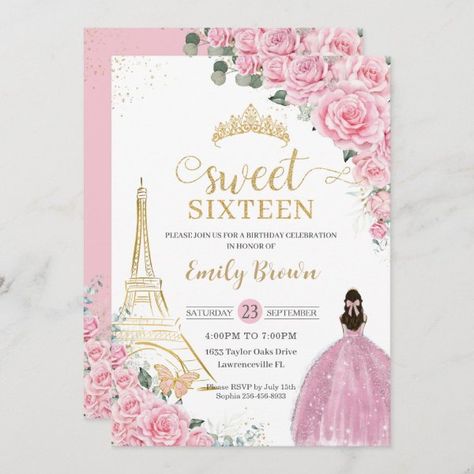 Sweet 16 Birthday Pink Floral Paris Eiffel Gold Invitation Rose Gold Quinceanera, Pink Quinceanera, Rose Gold Tiara, Quinceanera Invitation, Gold Tiara, Quinceanera Party, Quinceanera Invitations, Gold Invitations, Soft Rose