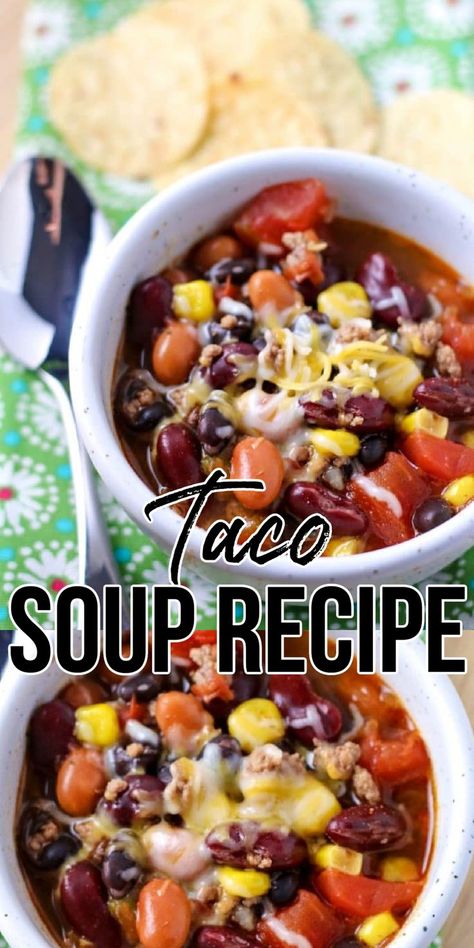 Taco soup in a bowl Taco Soup Ranch Dressing, Hamburger Beans, Quick And Easy Taco Soup Recipe, Quick And Easy Taco Soup, Taco Soup Ranch, Crockpot Taco Soup, Easy Taco Soup Recipe, Meatless Taco, Crockpot Taco