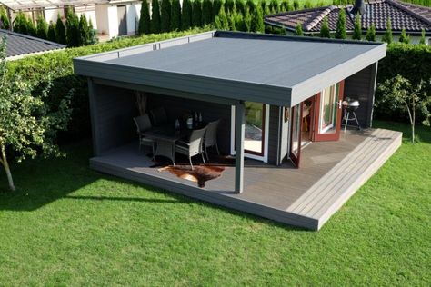 The Hansa Lounge XL Garden Room with Extended Sundeck | Summer House 24 Wooden Summer House, Garden Log Cabins, Contemporary Garden Rooms, Garden Lodge, Corner Summer House, Garden Cabins, Summer House Garden, Backyard Studio, Backyard Kitchen