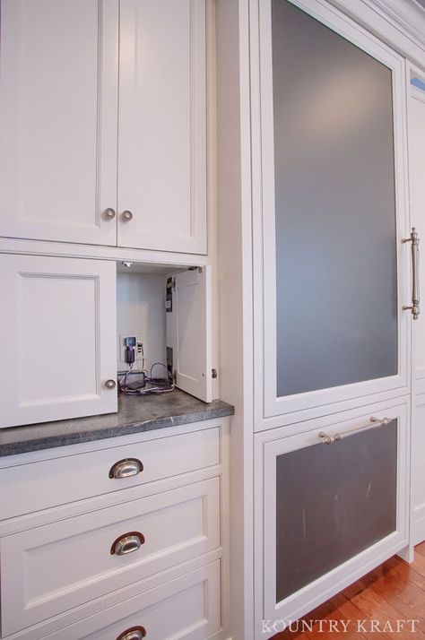 Hidden Outlets In Kitchen, Charging Station Kitchen, Hidden Outlets, Kitchen Outlets, Hidden Cabinet, Bench Under Window, Appliance Cabinet, Kitchen Desks, Hidden Kitchen