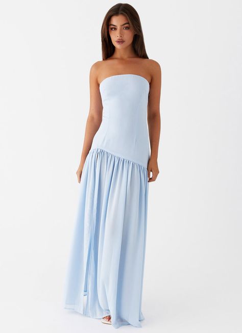 Strapless Neckline, Vacation Wear, Strapless Maxi, Style Party, Strapless Maxi Dress, Sheer Chiffon, Chiffon Skirt, Maxi Dress Blue, Types Of Dresses