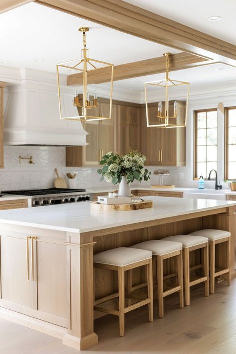 Two Islands Kitchen, White Oak Cabinets Gold Hardware, White Kitchen Cabinets Stained Island, White Brown Kitchen Cabinets, Kitchen Design With Light Wood Floors, Light Hardwood Floors Kitchen White Cabinets, White Gold And Wood Kitchen, Kitchens Oak Cabinets, Cool Tone Wood Kitchen Cabinets