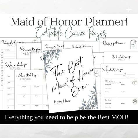 MAID OF HONOR Planner - Editable Matron of Honor - Wedding Planner Printable - Bridesmaid Checklists - Instant Download - Maid of Honor Gift Bridesmaid Checklist, Maid Of Honor Planner, Free Bridal Shower Games, Bridal Shower Checklist, Free Wedding Planner Printables, Wedding Reception Entertainment, Engagement Party Planning, Wedding Planning Organizer, Wedding Planner Printable