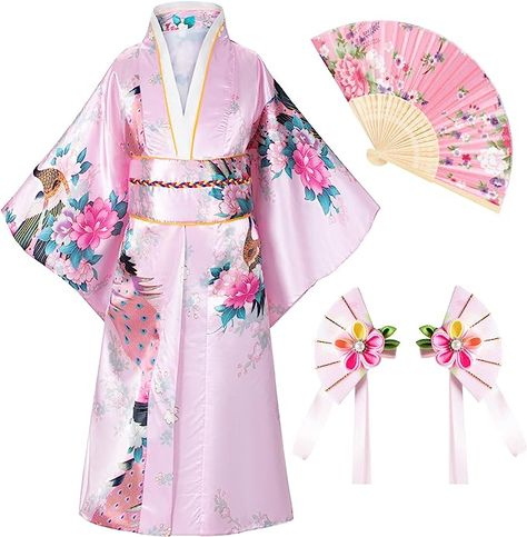 Japanese traditional flower kawaii kimono dress for girls kids Suit for: Daily wear ,Children party dress,Fun as birthday or holiday gifts,Halloween party uniforms, Cosplay party uniforms. A great costume or gift for festival and so on This kids girls kimono gown robe with classic traditional Japanese style will provide you a soft and comfortable experience.Luxurious silky feel and look, It is light weight and airy and satin soft to the touch. Comfortable to wear. Japanese Kimono Dress, Japanese Kids, Kimono Gown, My Little Pony Costume, Japanese Costume, Baby Costumes Girl, Folding Fans, Dress Kimono, Children Party