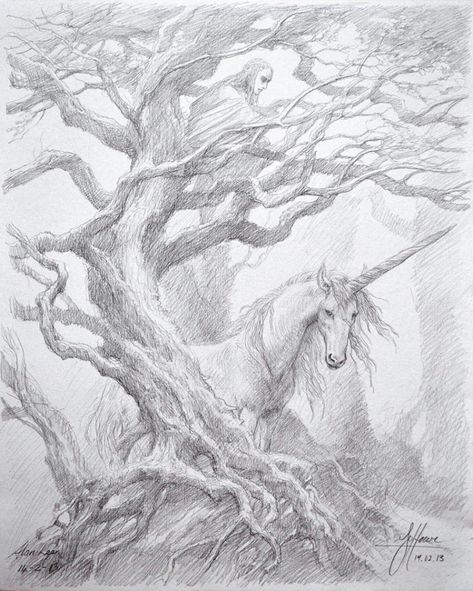 HoweLee_charityauctionpiece Alan Lee Art, Alan Lee, John Howe, Arte Occulta, Tolkien Art, The Last Unicorn, Sketchbook Drawings, Charity Auction, Unicorn Art