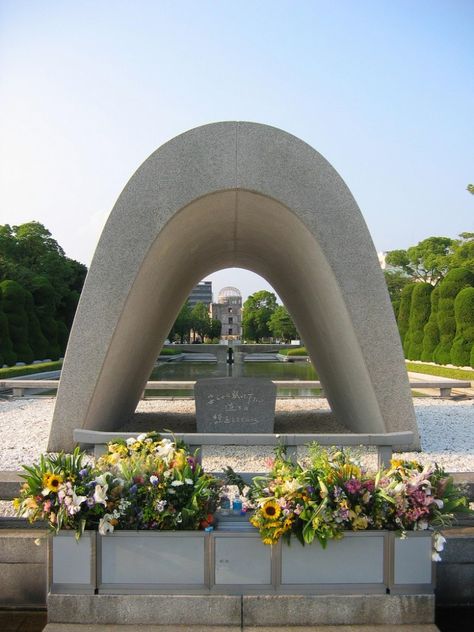 Hiroshima Peace Center, near the Nuclear Bomb Museum Hiroshima Travel, Memorial Architecture, Writers Tips, Hiroshima Peace Memorial, Kenzo Tange, Japan City, Japan Bucket List, Cultural Travel, Hiroshima Japan