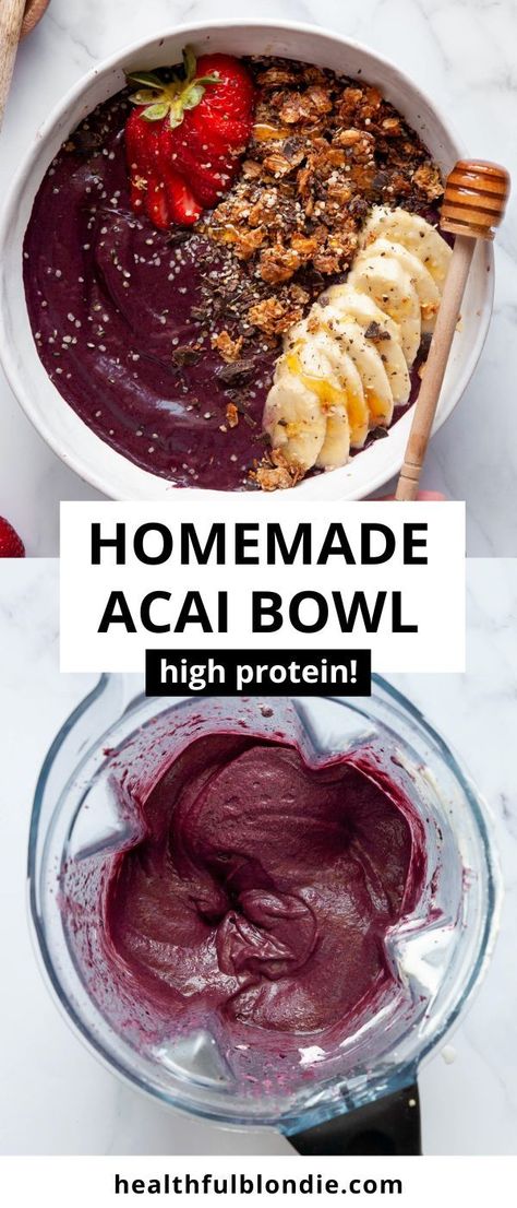 The most refreshing, homemade high protein acai bowl with over 39 grams of protein and made with banana, blueberries, acai powder, and Greek yogurt. Top with your favorite granola for the perfect healthy breakfast, snack, or dessert! Homemade Acai Bowl Recipe, Homemade Acai Bowl, Acai Bowl Recipe, Acai Bowls Recipe, Healthy Afternoon Snacks, Protein Bowls, Perfect Healthy Breakfast, Acai Bowls, Smoothie Bowl Recipe